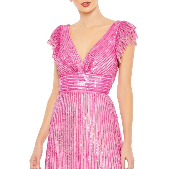 MAC DUGGAL EMBELLISHED FLUTTER CAP SLEEVE A LINE GOWN - Picture 3 of 10